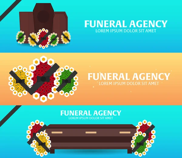 Conjunto de sevices funerarios y pancartas de la agencia funeraria. Cementerio. Ilustración vectorial . — Vector de stock