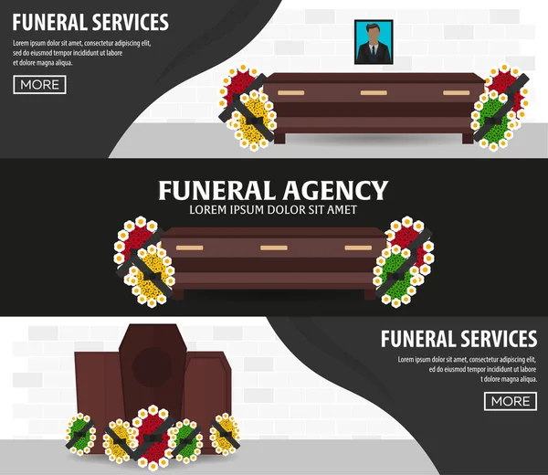 Conjunto de sevices funerarios y pancartas de la agencia funeraria. Cementerio. Ilustración vectorial . — Vector de stock