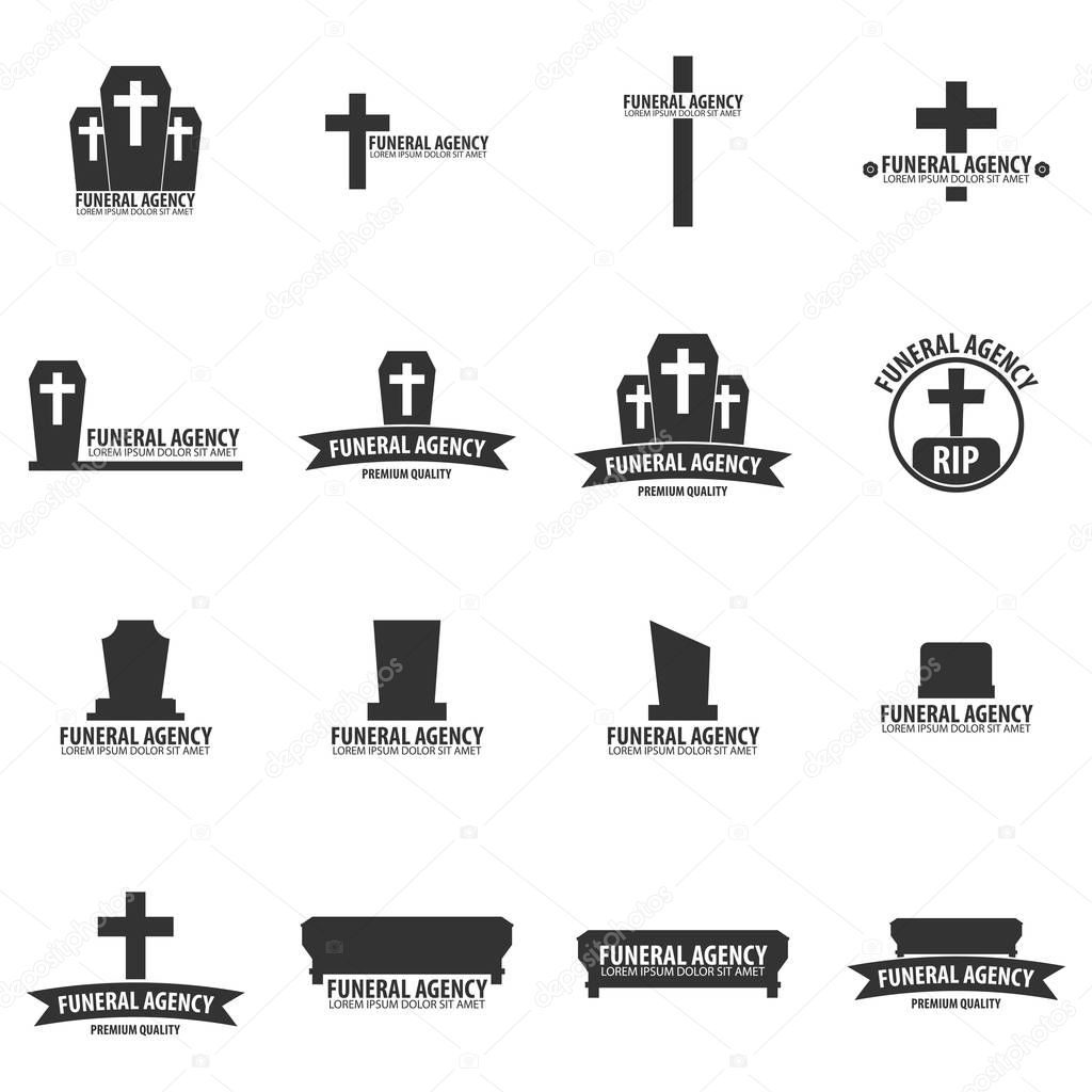 Set of Funeral home undertaking ceremonial service. Funeral agency. Vector logos and emblems