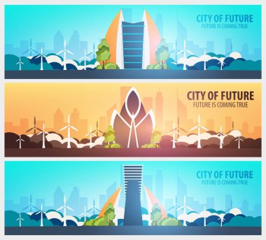 Düz stil afiş kümesi. Modern şehir evleri. Geleceği inşa. Geleceğin mimari.