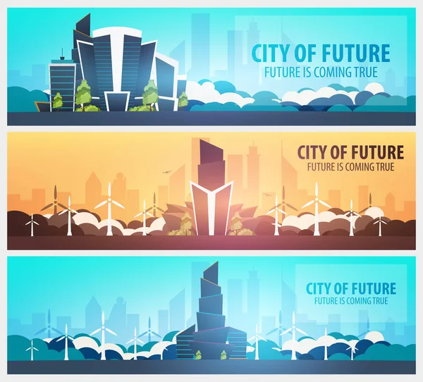 Düz stil afiş kümesi. Modern şehir evleri. Geleceği inşa. Geleceğin mimari.