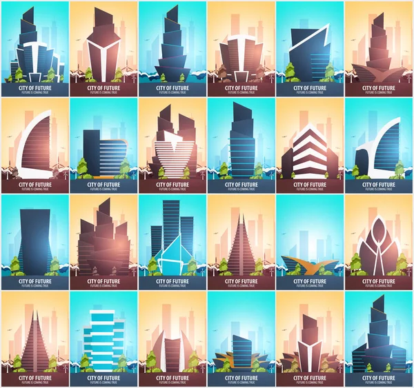 Düz stil afiş kümesi. Modern şehir evleri. Geleceği inşa. Geleceğin mimari.