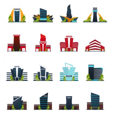 Lise, itfaiye, hastane ve polis kümesi. Beyaz arka plan üzerinde izole düz tarzında modern bina.