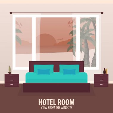 Otel odasında. Penceresinde görüntüleyin. NAD gezi seyahat. Vektör düz çizim.