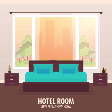 Otel odasında. Penceresinde görüntüleyin. NAD gezi seyahat. Vektör düz çizim.