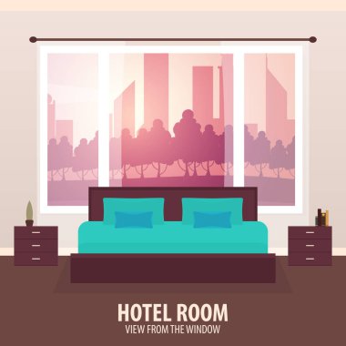 Otel odasında. Penceresinde görüntüleyin. NAD gezi seyahat. Vektör düz çizim.