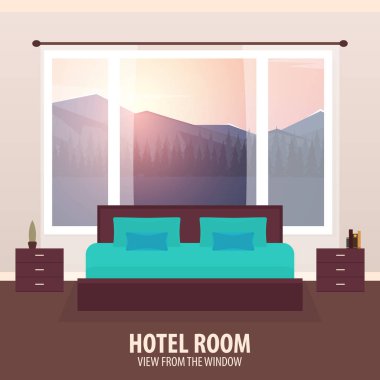 Otel odasında. Penceresinde görüntüleyin. NAD gezi seyahat. Vektör düz çizim.