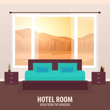 Otel odasında. Penceresinde görüntüleyin. NAD gezi seyahat. Vektör düz çizim.