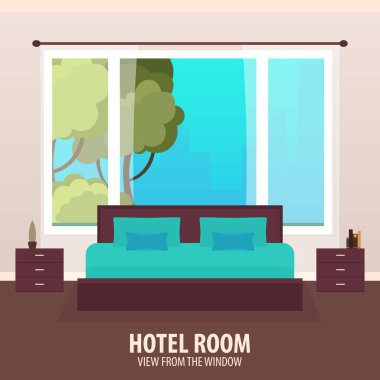 Otel odasında. Penceresinde görüntüleyin. NAD gezi seyahat. Vektör düz çizim.