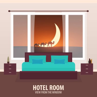 Otel odasında. Penceresinde görüntüleyin. NAD gezi seyahat. Vektör düz çizim.