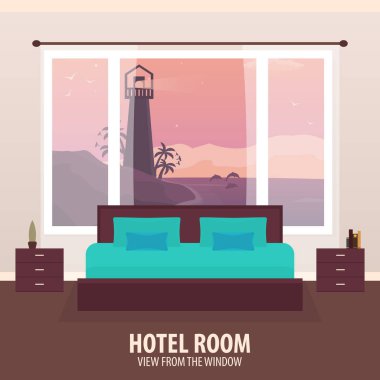 Otel odasında. Penceresinde görüntüleyin. NAD gezi seyahat. Vektör düz çizim.