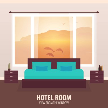 Otel odasında. Penceresinde görüntüleyin. NAD gezi seyahat. Vektör düz çizim.