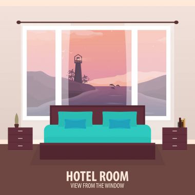 Otel odasında. Penceresinde görüntüleyin. NAD gezi seyahat. Vektör düz çizim.