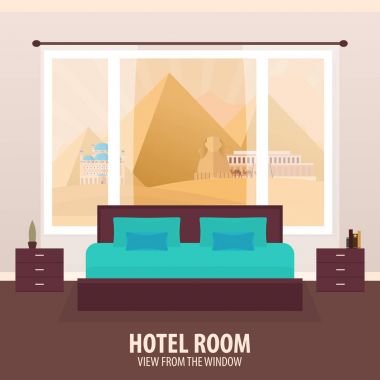 Otel odasında. Penceresinde görüntüleyin. NAD gezi seyahat. Vektör düz çizim.
