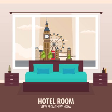 Otel odasında. Penceresinde görüntüleyin. NAD gezi seyahat. Vektör düz çizim.