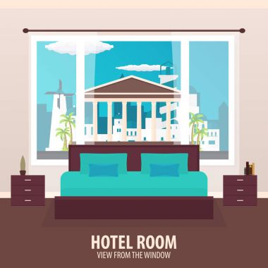 Otel odasında. Penceresinde görüntüleyin. NAD gezi seyahat. Vektör düz çizim.