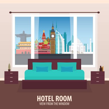 Otel odasında. Penceresinde görüntüleyin. NAD gezi seyahat. Vektör düz çizim.
