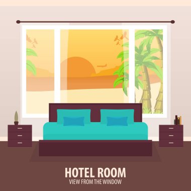 Otel odasında. Penceresinde görüntüleyin. NAD gezi seyahat. Vektör düz çizim.