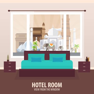 Otel odasında. Penceresinde görüntüleyin. NAD gezi seyahat. Vektör düz çizim.