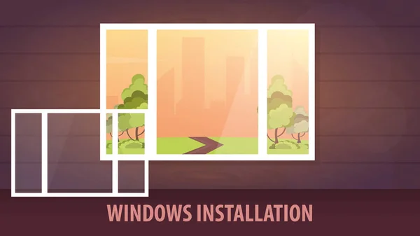 Windows instalace nápisu. Pohled z okna. Vektorové ilustrace. — Stockový vektor