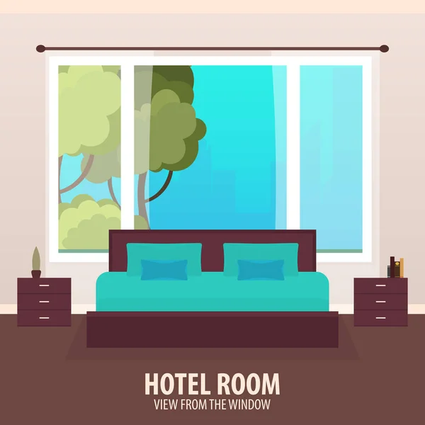 Hotelzimmer. Blick aus dem Fenster. Reisen und Reisen. Vektorflache Abbildung. — Stockvektor