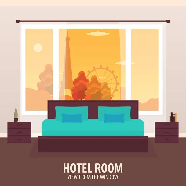 Hotelzimmer. Blick aus dem Fenster. Reisen und Reisen. Vektorflache Abbildung. — Stockvektor