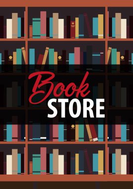 Poster kitapçıda. Kitap raf veya kitaplık arka planda.