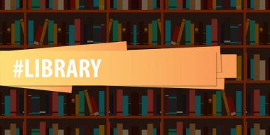 Afiş Kütüphane. Kitap raf veya kitaplık arka planda.