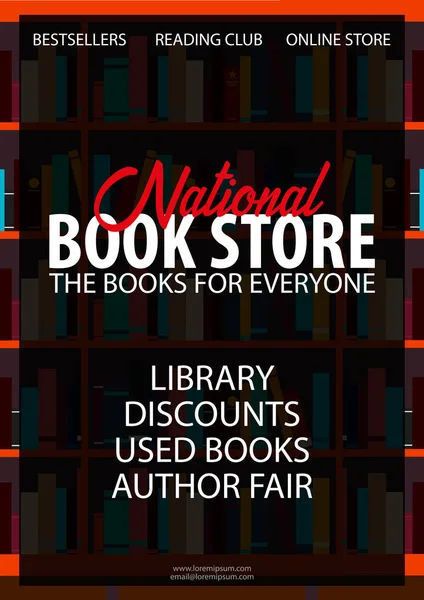 Poster Ulusal kitap mağazaları. Kitap raf veya kitaplık arka planda. — Stok Vektör