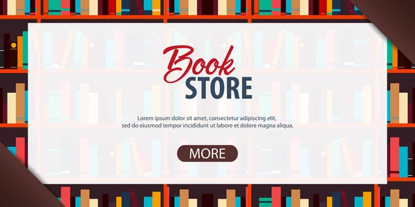 Banner Book Store. Estantería o estantería de libros en el fondo . — Vector de stock