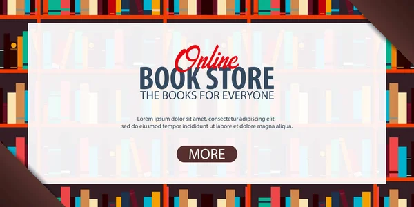 Banner Online Book Store. Estantería o estantería de libros en el fondo . — Vector de stock