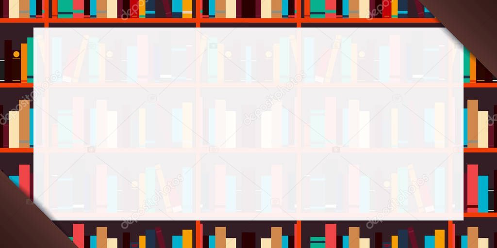 Banner Book shelf or bookcase background. Vector illustration.