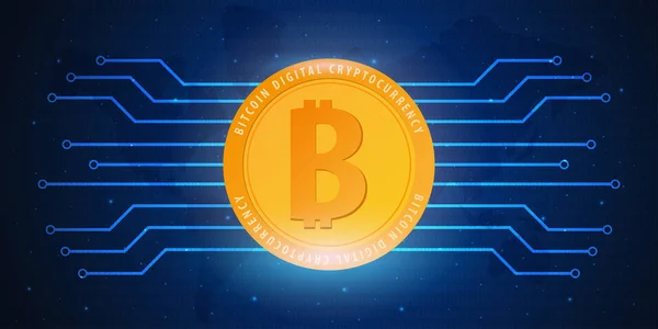 Bitcoin. Ferme minière numérique crypto-monnaie. Bannière technologique . — Image vectorielle