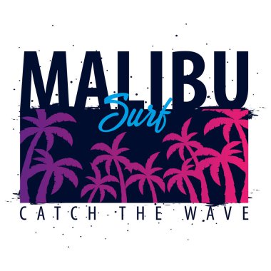 Avuç içi ile Malibu sörf grafik. T-shirt tasarım ve baskı.
