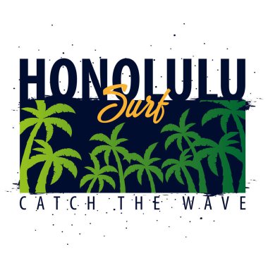 Palmiyeli Honolulu sörf grafiği. Tişört tasarımı ve baskısı.