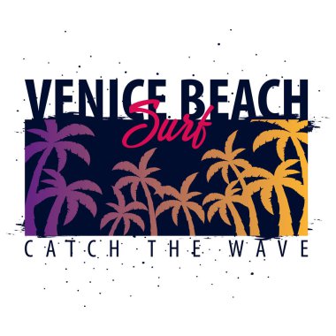Venice Beach sörf grafik avuç içi ile. T-shirt tasarım ve baskı.