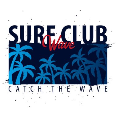 Surf Club. Avuç içi ile sörf grafik. T-shirt tasarım ve baskı. Vektör çizim.