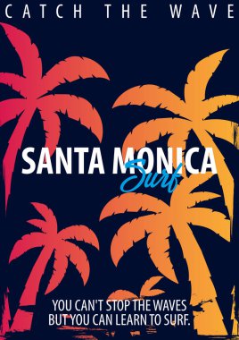 Santa Monica sörf grafik avuç içi ile. T-shirt tasarım ve baskı.