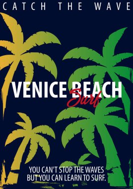 Venice Beach sörf grafik avuç içi ile. T-shirt tasarım ve baskı.