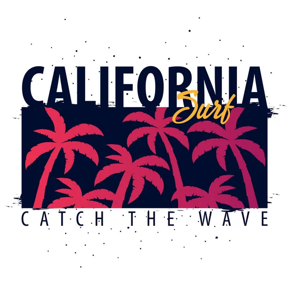 Kalifornien Surfing grafisk med palmer. T-shirt design och print. — Stock vektor