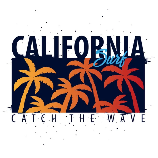 Kalifornien Surfing grafisk med palmer. T-shirt design och print. — Stock vektor