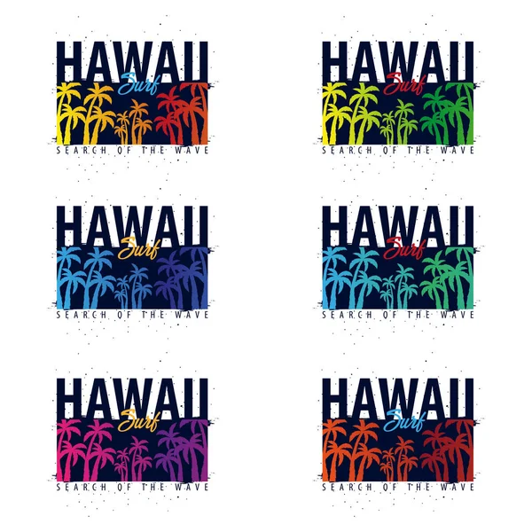 Hawaï Graphiques de surf avec paumes. T-shirt design et imprimé . — Image vectorielle
