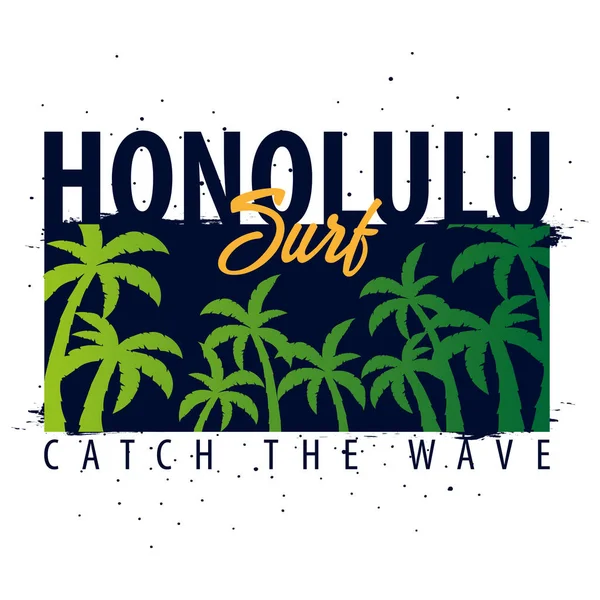 Palmiyeli Honolulu sörf grafiği. Tişört tasarımı ve baskısı.