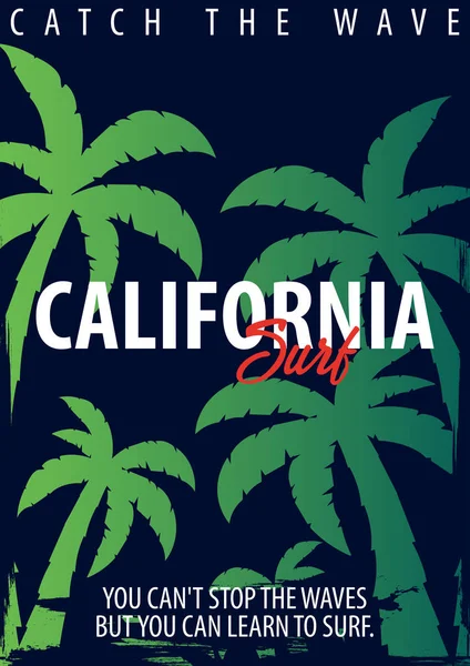 California Surf grafico con palme. T-shirt design e stampa . — Vettoriale Stock