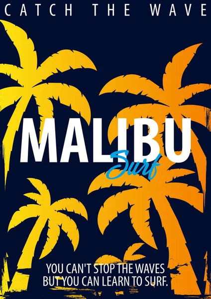 Avuç içi ile Malibu sörf grafik. T-shirt tasarım ve baskı.