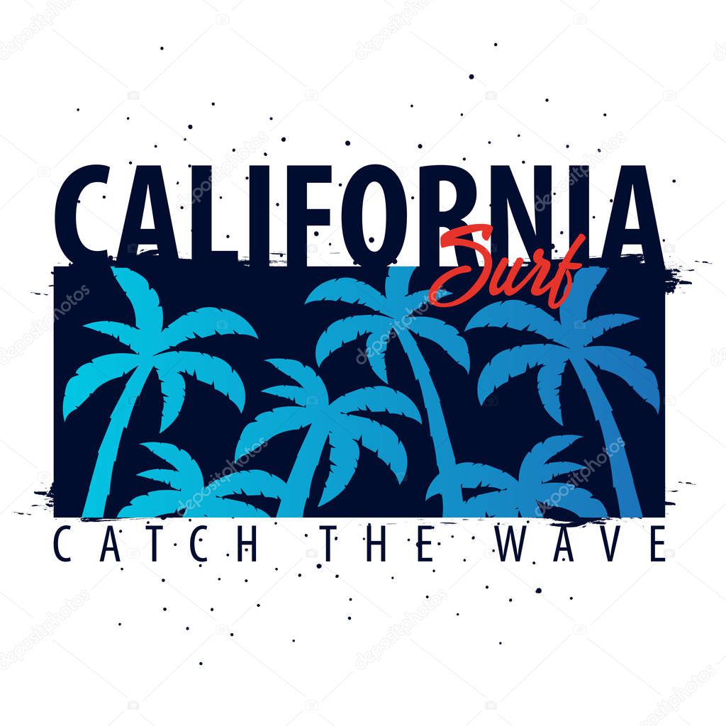 California Surfing graphic with palms. T-shirt design and print