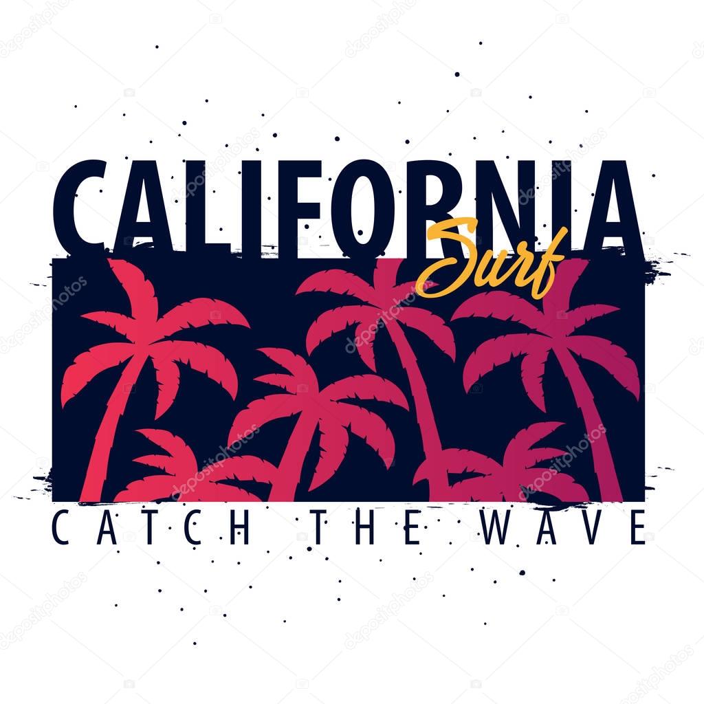 California Surfing graphic with palms. T-shirt design and print