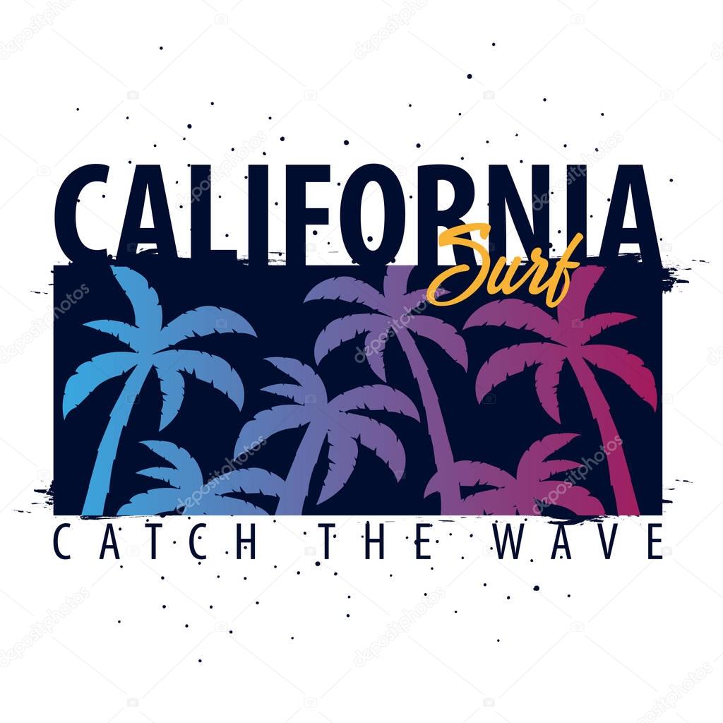 California Surfing graphic with palms. T-shirt design and print.