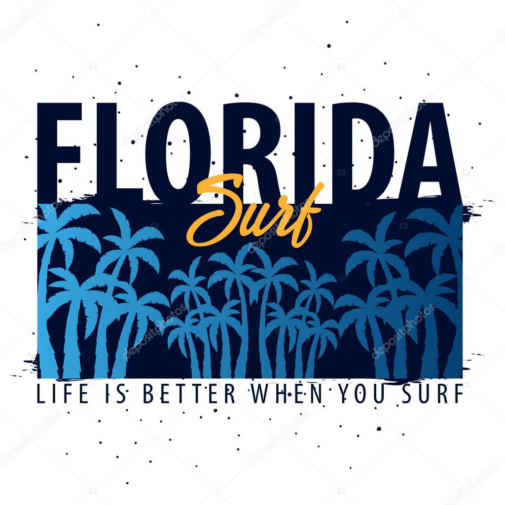 Florida Surfing graphic with palms. T-shirt design and print