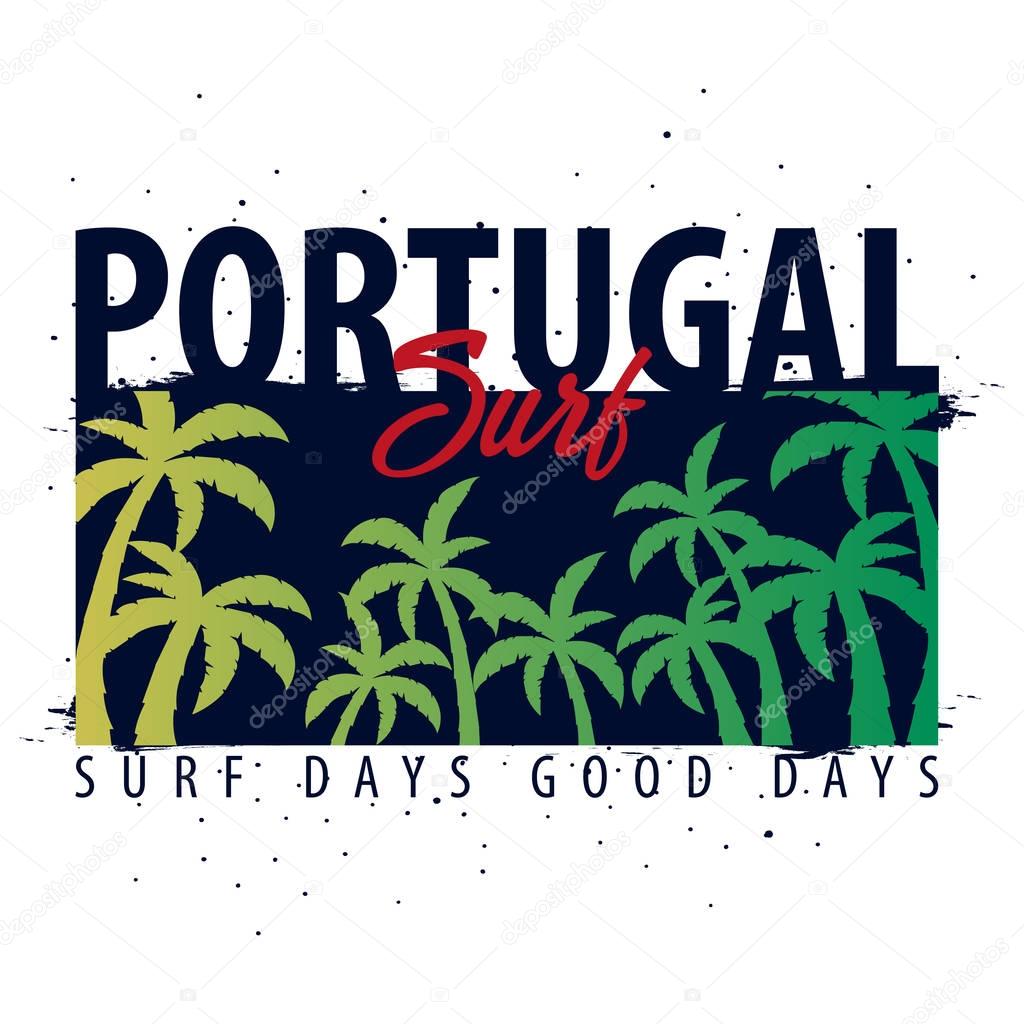 Portugal Surfing graphic with palms. T-shirt design and print
